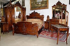 Superb Antique French Louis Xv Carved Walnut 6 Piece Queen Cherub Bedroom Set