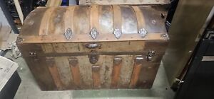 19th Century Domed Top Steamer Trunk Late 1800a Yale And Towne Latch Antique