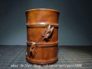 5 9 Old Chinese Huanghuali Wood Carved Bamboo Cicada Brush Pot Pencil Vase