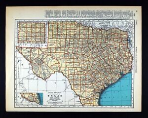 1937 Mcnally Map Texas Austin Houston Dallas San Antonio El Paso Galveston Waco