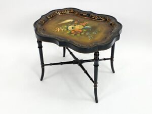 19th Century Hand Painted Tole Tray Top And Bamboo Base Coffee Table