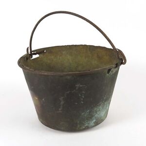 Antique Brass Bucket Jelly Kettle Fireplace Pail Hand Forged Iron Handle As Is