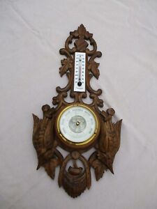 Antique French Hand Carved Black Forest Wood Wall Barometer Thermometer Hunting