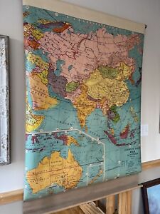 Asia Vintage 1950 School Pull Down Wall Map Weber Costello On Canvas Roll