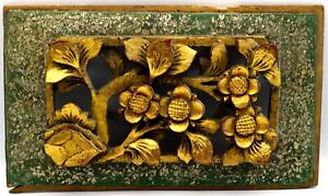 Antique Chinese Sculpted Wood Panel Pierced Design Gilt Flowers And Bits Of Mica