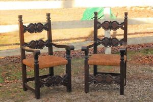 Antique Pair Of Early Spanish Mission Style Armchairs With Rush Seats