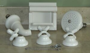 Antique Porcelain Faucet Hot Cold Waste Knobs Escutcheons Shower Head Soap Dish