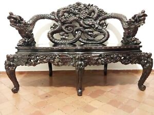 Antique Best Carved Wood Dragon Japanese Meiji Bench Loveseat Arm Chair Myth
