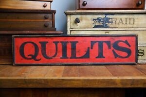 Vintage Quilts Wood Sign Handmade Folk Art General Store Antique Sewing Blanket