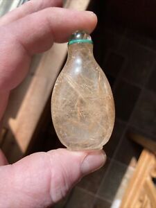 Quing Dynasty Rutilated Quartz Crystal Snuff Bottle Quartz Malachite Stopper