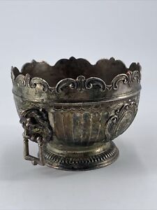 Vintage Heavy Silv Bowl With Lion Head Handles And Detailing 