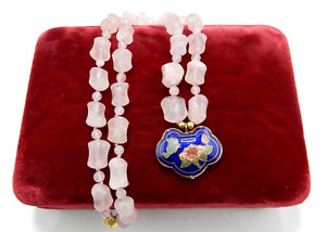 Vintage Rose Quartz Bead Necklace W Cloisonne Chinese Lock Pendant 19 