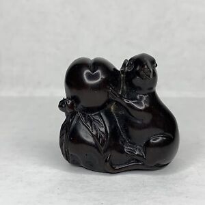 Netsuke Sculpture Mouse With Peaches Flaw Signed Ironwood Hand Carved