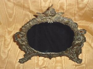 Victorian Art Nouveau Cast Iron Kissing Cherubs Ornate Tabletop Easel Mirror