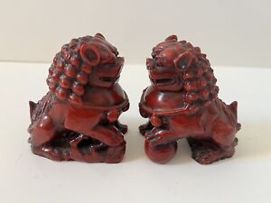 Pair Of Asian Chinese Foo Fu Dogs Cinnabar Red Resin Figurines Bookends 3 Tall