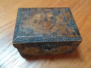 Antique Tramp Art Nouveau Wooden Trinket Jewelry Box Hand Made Pyro Burnt Wood