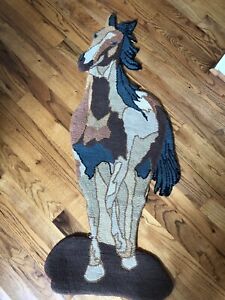 Antique Folk Art Handmade Running Horse Hook Rug 51 X 18 Recently Cleaned 
