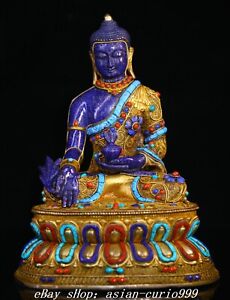12 Tibet Natural Lapis Lazuli Gems Coral Gold Filigree Medicine Buddha Statue
