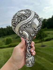 Antique Sterling Repousse Large Vanity Handle Mirror