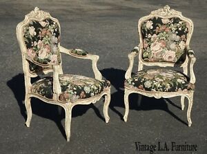 Pair Vintage French Louis Xvi Floral Tapestry Ornate Accent Chairs White Crackle