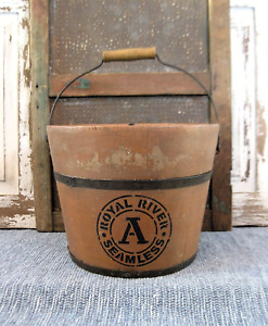 Lg Antique Wood Bucket Pail W Lid Pumpkin Green Milk Paint Feed Sack Stencil