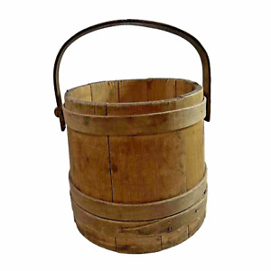 Primitive Wooden Pail Bucket With Wood Handle 9 5 Rustic Antique Americana