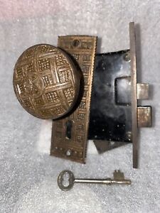 Antique Eastlake Decorative Cast Iron Victorian Mortise Door Lock Set