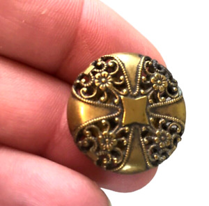 Antique Victorian Very Ornate Brass Filigree Cut Out Floral Crown Cross Button