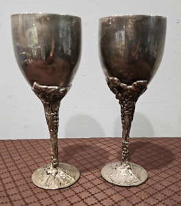 2 Silver Plated Godinger Wine Goblets With Grape Stem Design