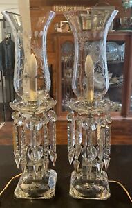 Stunning Pair Antique Cut Crystal Glass Electrified Luster Lamps Leaf Etched