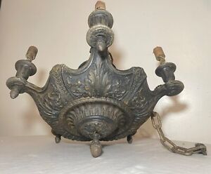 Antique Ornate Neoclassical Heavy Cast Iron 5 Arm Hanging Fixture Chandelier