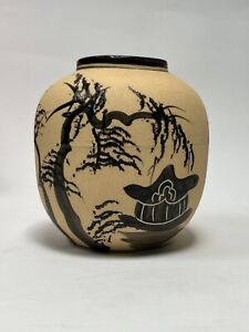 Hand Painted Asian Ovoid Ginger Jar Ceramic Vase Asian Bisque Padagoda