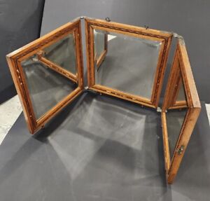 Antique Trifold Travel Mirror Wood Beveled Glass Shaving Vanity Hanging Tabletop