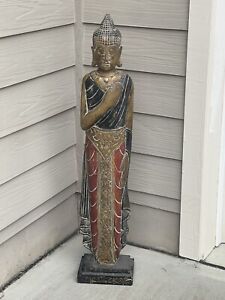 Chinese Carved Painted Wood Buddha Wood Statue Figurines 42 Inches High