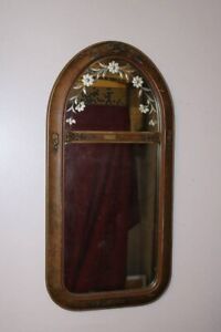 Antique Art Deco Arched Etched Glass Gesso Wood Wall Mirror 31x 15