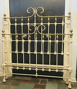 Late 1800 S Antique White Heavy Cast Iron Brass Ornate Full Bed P U Or Freight