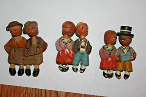 3 Sets Of 2 Antq Hand Carved Painted Wooden People