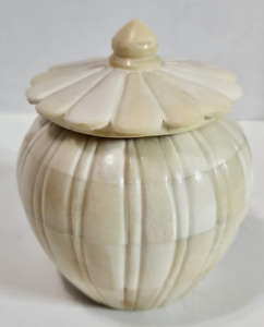 Vtg Handmade Round Floral Inlay Camel Bone Opium Tobacoo Trinket Jar Box India