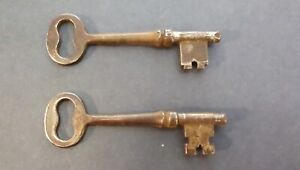 Lot Of 2 Antique Vintage Skeleton Mortise Keys Solid Barrel Unmarked