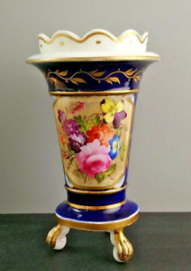 Antique Regency English Vase Blue Hand Painted Flowers Footed Georgian 17cm Tall