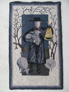 Vtg Annie Harlin Folk Art Hooked Rug Leesport Pa Amish Lantern Sheep 53 