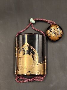 Inro Gold And Black Makie Netsuke Sagemono Japanese Antique Edo Period