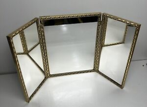 Antique Victorian Brass Tri Fold Vanity Beveled Mirror