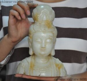 China White Jade Carved Kwan Yin Guanyin Quanyin Goddess Buddha Head Bust Statue