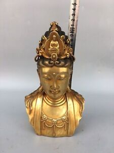 Tibet Buddhism Bronze Gilt Guanyin Kwan Yin Goddess Buddha Head Bust Statue