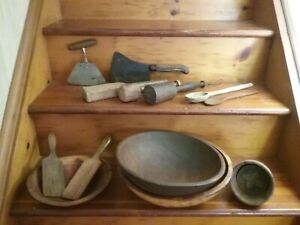 Antique Kitchen Primitives Lot Wooden Dough Bowls Cleaver Mashers Spoons More 