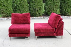 Vintage Mid Century Modern Boucle Sherpa Slipper Chairs Ruby Red A Pair