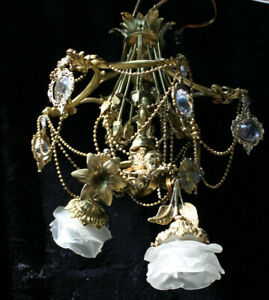 Vintage Bronze Glass French Cherub Putti Angel Pendant Lamp Chandelier