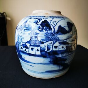 Antique 18th C Chinese Porcelain Blue White Landscape Scene Large Jar