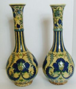 Antique Pair Of Iznik Turkish Persian Middle Eastern Pottery Glazed Vases